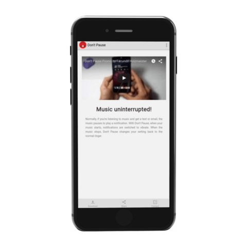 Smartphone showing website for Don't Pause mobile app