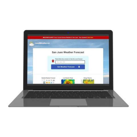 Laptop showing localweather.im web application with location entry field